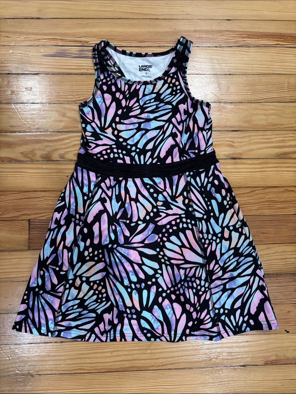 Lands' End Girls Black Dress with Pink and Light Blue Butterfly Pattern
